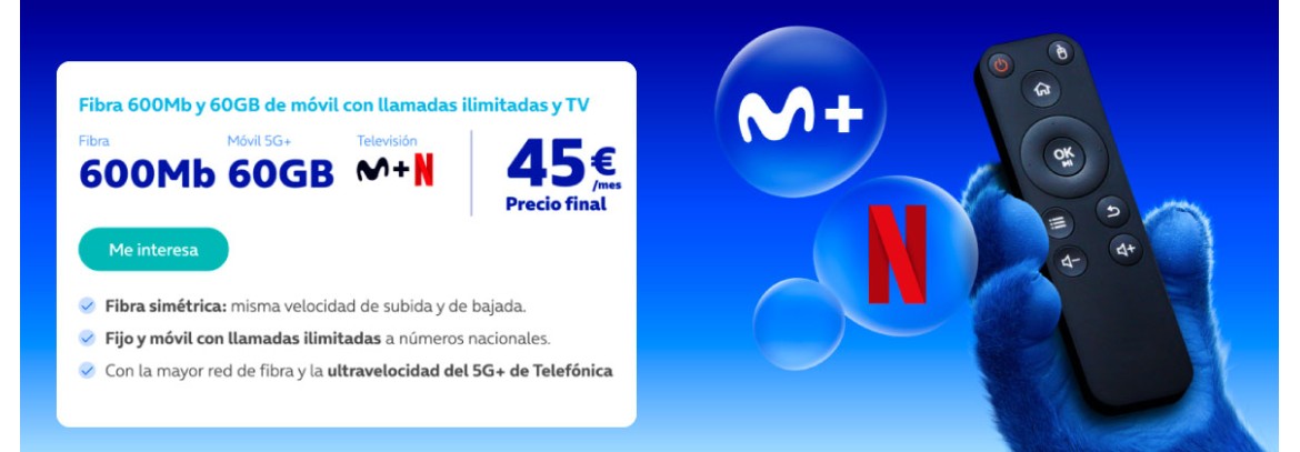 Contrata fibra, movil, televión Movistar Plus y Netflix